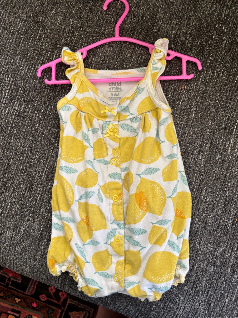 Child of Mine Yellow Lemon Print Romper with Green Leaves 3-6 M